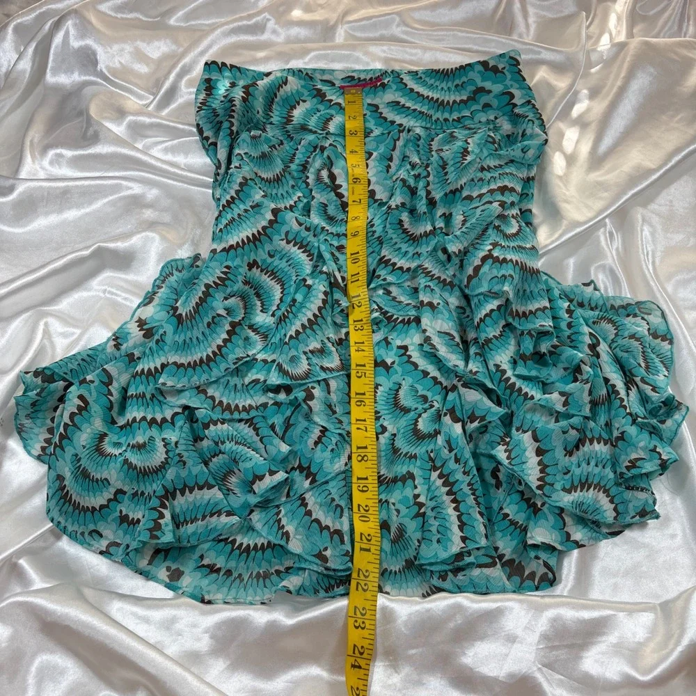 y2k Mini Skirt Teal Excellent Sunny Leigh Ruffled Geometric Fan Print Size 6